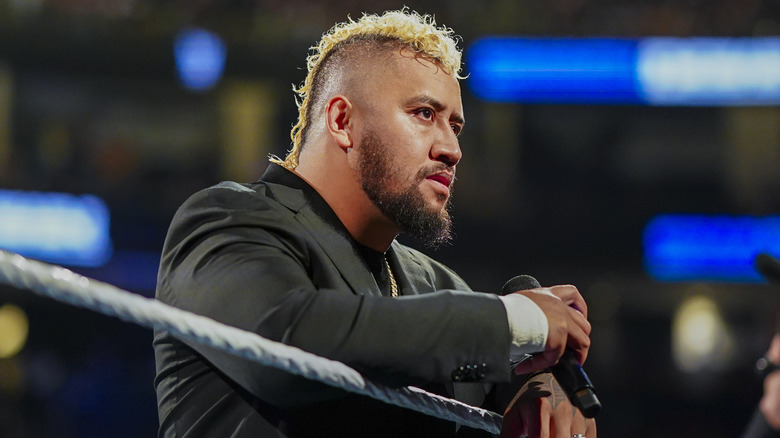 Solo Sikoa talks to the WWE Universe during SmackDown at PPG Paints Arena on April 19, 2024 in Pittsburgh, Pennsylvania.