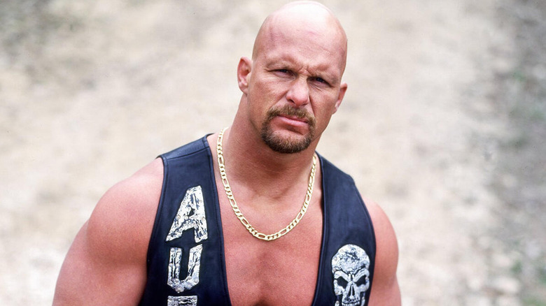 "Stone Cold" Steve Austin poses in his ring gear for a WWE photoshoot.