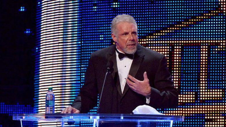 Ultimate Warrior delivers his Hall of Fame induction speech at the event in 2014.