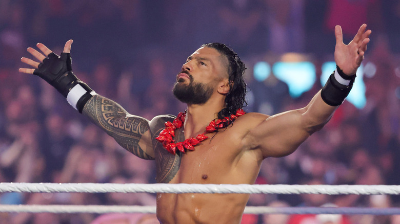 Roman Reigns gestures in the ring before his Triple Threat match against CM Punk and Seth Rollins during WrestleMania 41 at Allegiant Stadium on April 19, 2025 in Las Vegas, Nevada.