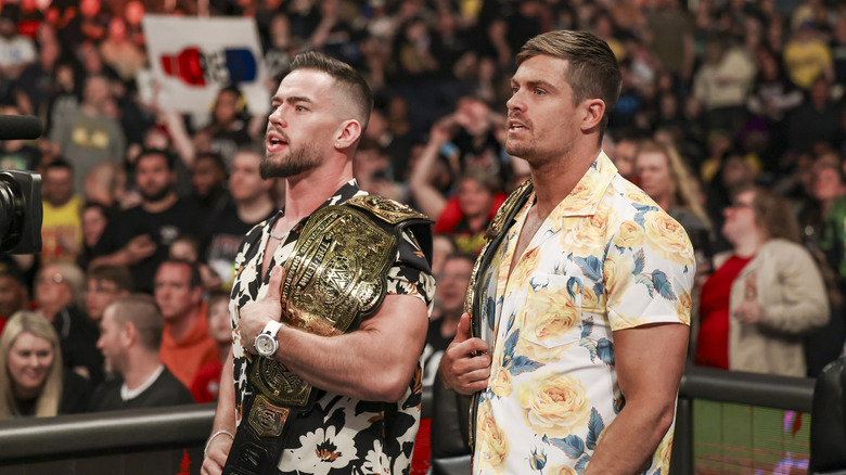 WWE Tag Team Champions, Austin Theory and Grayson Waller during SmackDown at PPG Paints Arena on April 19, 2024 in Pittsburgh, Pennsylvania. 