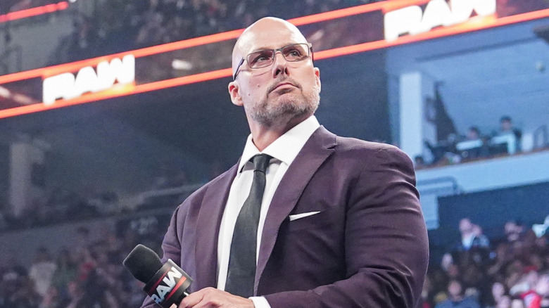 Adam Pearce in the ring waiting for his contract signing to begin during Monday Night RAW at Target Center on April 7, 2025 in Minneapolis, Minnesota.