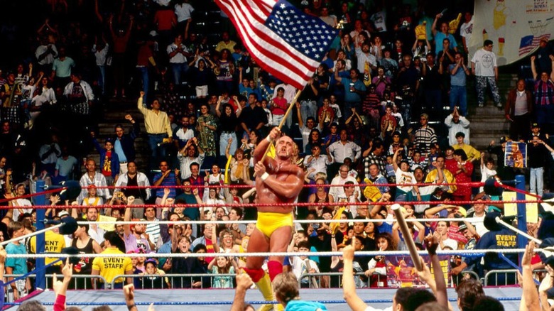 Hulk Hogan waving the flag of the United States of America in ring after winning the 1991 Royal Rumble