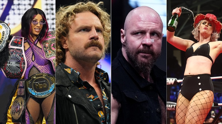 A composite image of Mercedes Mone showing off her title belts, a closeup on Adam Page and Jon Moxley's faces and Toni Storm dancing in the ring on AEW Dynamite