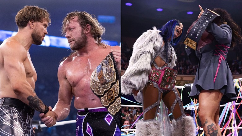 [Left] Will Ospreay confronts Kenny Omega and [Right] Mercedes Mone confronts Willow Nightingale