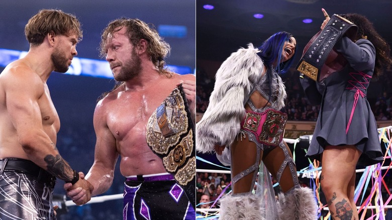 [Left] Will Ospreay confronts Kenny Omega and [Right] Mercedes Mone confronts Willow Nightingale