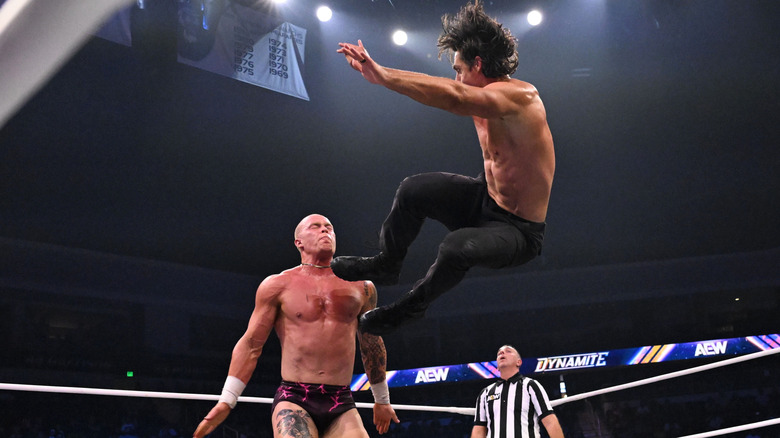 Steve Borden hits a big dropkick to Kyle Fletcher, as referee looks on, in the middle of the ring during a match on the September 16, 2026 edition of "AEW Dynamite."