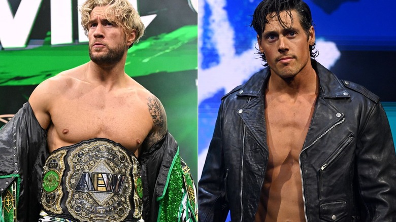Will Ospreay wearing the AEW world title & Steven Borden wearing a leather jacket on 