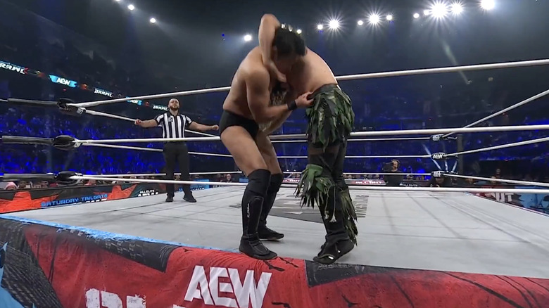 Shibata and Perry on the ring apron