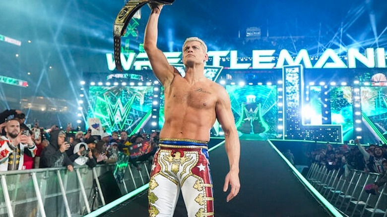 Cody Rhodes celebrates his WrestleMania 40 win.
