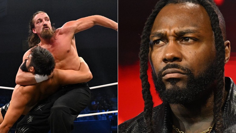 [Left] Jay White hits the Blade Runner on Wheeler Yuta and [Right] Swerve Strickland makes his entrance