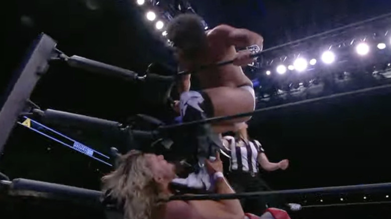 Rush hitting Pillman Jr. with stomps