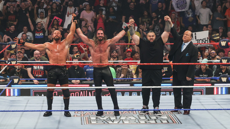 Bron Breakker, Seth Rollins, Bronson Reed, and Paul Heyman in ring during Saturday Night's Main Event at Yuengling Center on May 24, 2025 in Tampa, Florida