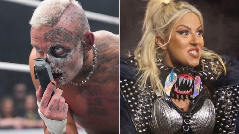 Darby Allin holding a razor & Thekla grimacing