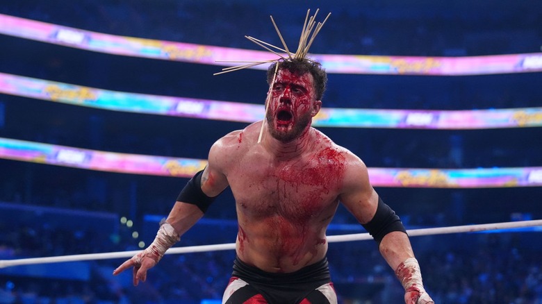 MJF bleeds profusely, as skewers stick out of his head.
