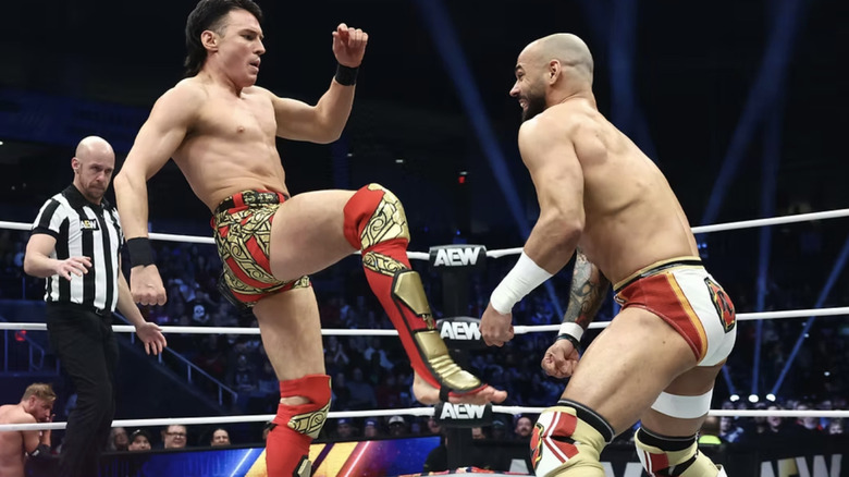 Speedball Mike Bailey prepares to deliver a kick to Ricochet on "AEW Dynamite."