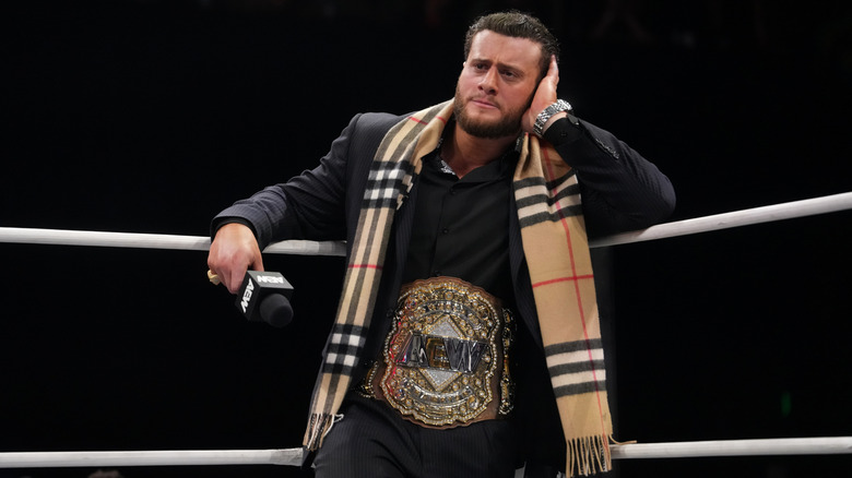 AEW World Champion MJF looks on lazily from the corner during a promo segment on "AEW Dynamite."