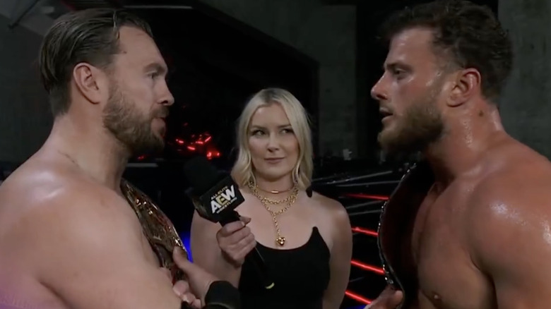 Ospreay and MJF in the midst of a verbal confrontation backstage as Renee Paquette stands by
