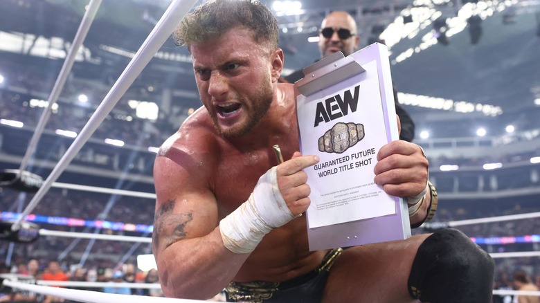 MJF angrily points at his Casino Gauntlet Match contract.