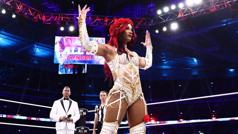 Mercedes Mone poses in the ring after making her entrance ahead of her AEW Women's World Championship match against Willow Nightingale at AEW All In London 2026.