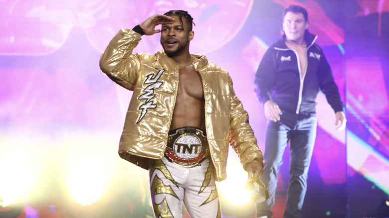 Knight on the entrance ramp as Speedball Bailey stands behind him
