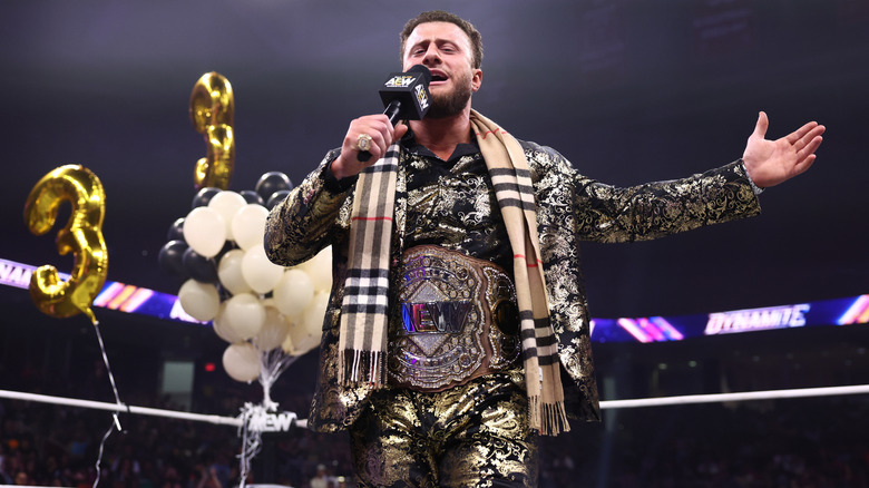 AEW World Champion MJF cuts a promo in the ring during his title celebration on the May 27, 2026 edition of 