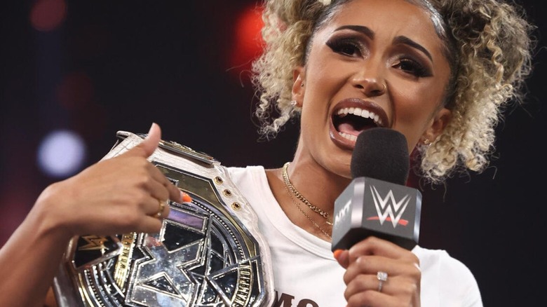 NXT Women's Champion Kelani Jordan cuts a promo in the ring during an episode of "WWE NXT."