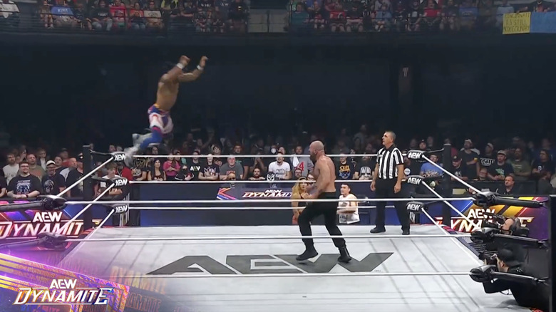 Knight taking flight to level Moxley in the ring