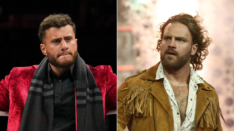 A composite image of MJF in a red vevet jacket on the left and Hangman Adam Page in a fringe leather jacket on the right