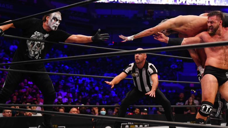 Sting attempting to tag in during AEW Grand Slam match
