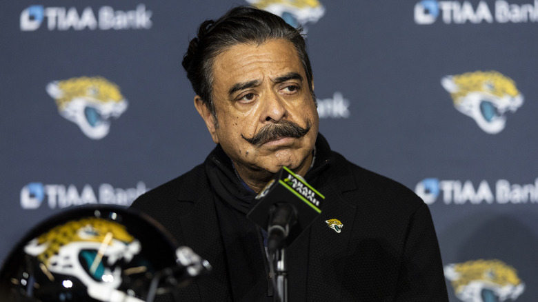 Shad Khan, Owner of the Jacksonville Jaguars, speaks to the media during a press conference introducing Doug Pederson as the new Head Coach of the Jacksonville Jaguars at TIAA Bank Stadium on February 05, 2022 in Jacksonville, Florida
