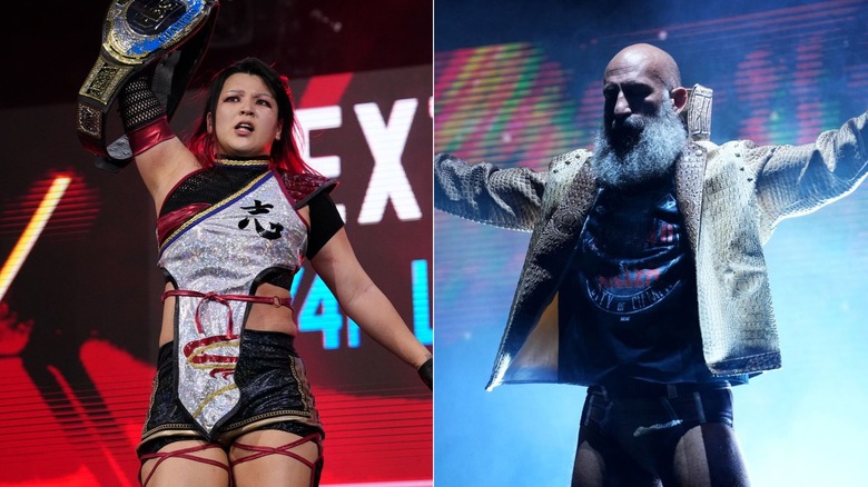 Hikaru Shida holds up her TBS title & Tommaso Ciampa poses during his entrance