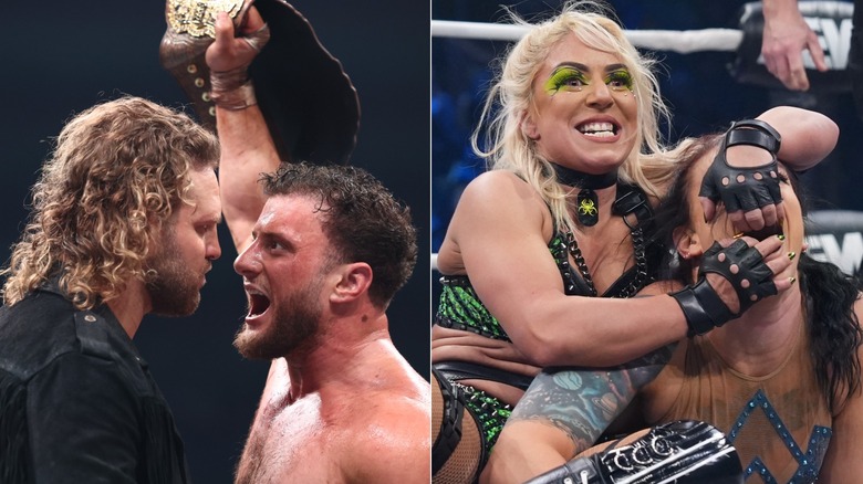 MJF holds up his world title while shouting at Adam Page & Thekla grins while shoving her fingers in Kris Statlander's mouth