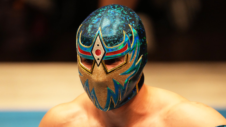 Mascara Dorada wearing a blue mask while in Japan