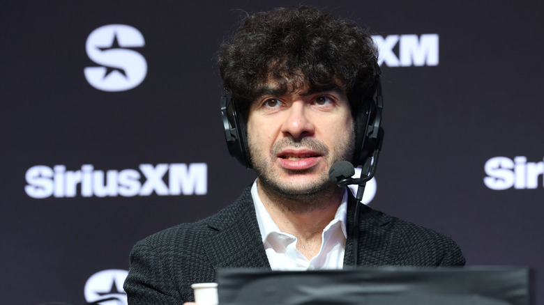 Tony Khan speaks on SiriusXM at Super Bowl LVIII on February 08, 2024 in Las Vegas, Nevada. (