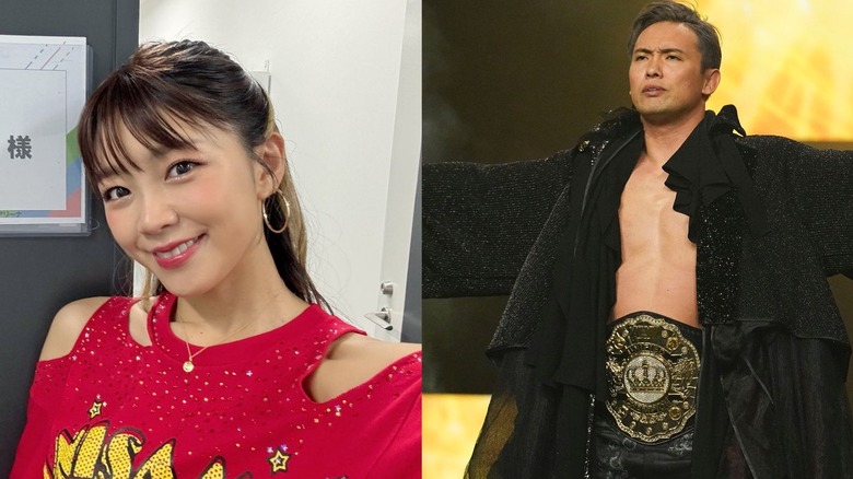 A photo of Mimori Suzko on set is set next to a photo of Kazuchika Okada's ring entrance at WrestleDream.