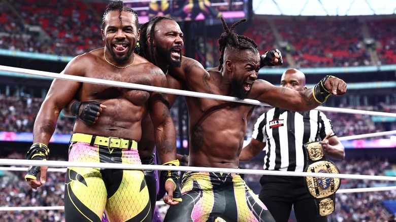 Austin Creed and Kofi, the New Level, pose alongside Swerve Strickland at AEW All In: London 2026.