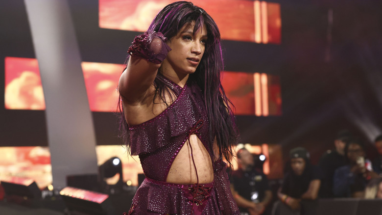 Mercedes Mone looks to the ring after being taken out by Kris Statlander following her match at AEW WrestleDream.