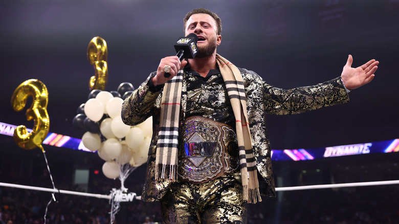 AEW World Champion MJF celebrates his third reign with the title during a celebration in the ring during the May 27, 2026 edition of 