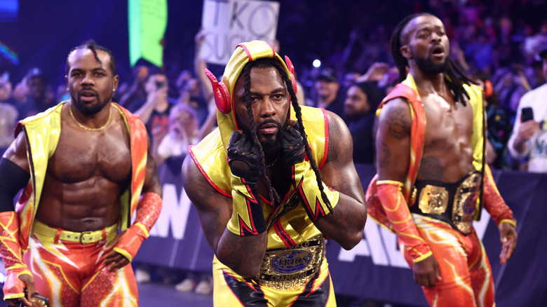 AEW Trios World Champions Swerve Strickland and New Level's Kofi and Austin Creed head down to the ring for their match at AEW All Out 2026.