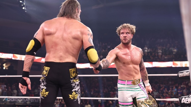 Adam Copeland and Will Ospreay shake hands in the ring at AEW WrestleDream