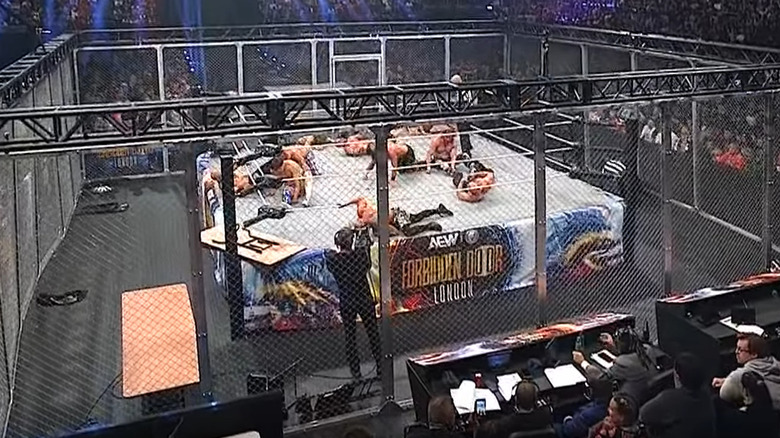 Wide shot of the cage match