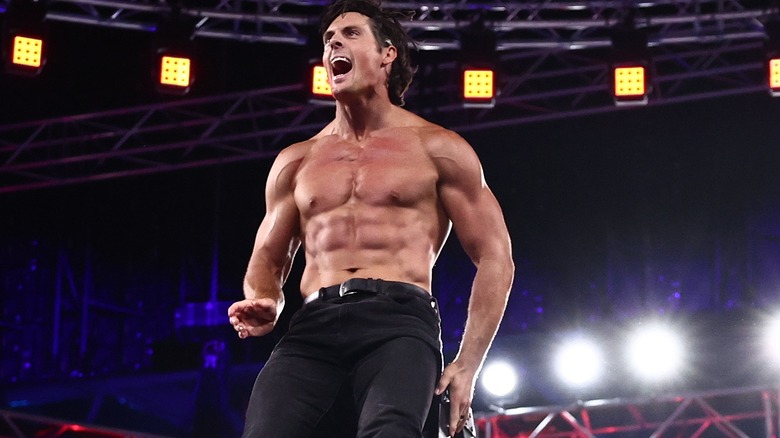 Steve Borden Jr. at the top of a ladder before leaping off during AEW All In: London 2026.