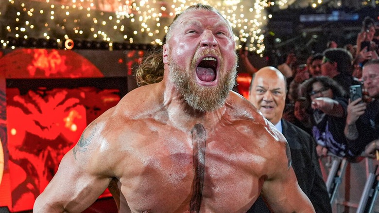 Brock Lesnar screaming on his way to the ring for a match on WWE television.