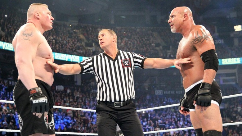 Brock Lesnar and Goldberg ahead of one of their clashes.