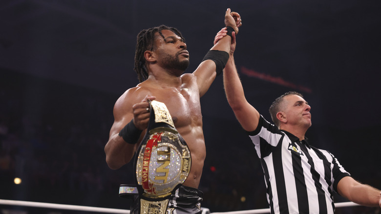 A referee raises then-TNT Champion Kevin Knights hands following a win on the May 13, 2026 edition of 