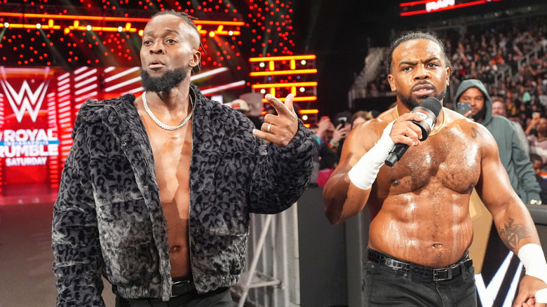 Kofi Kingston and Xavier Woods make their way to the ring during WWE Monday Night RAW at State Farm Arena on January 27, 2025 in Atlanta, Georgia.