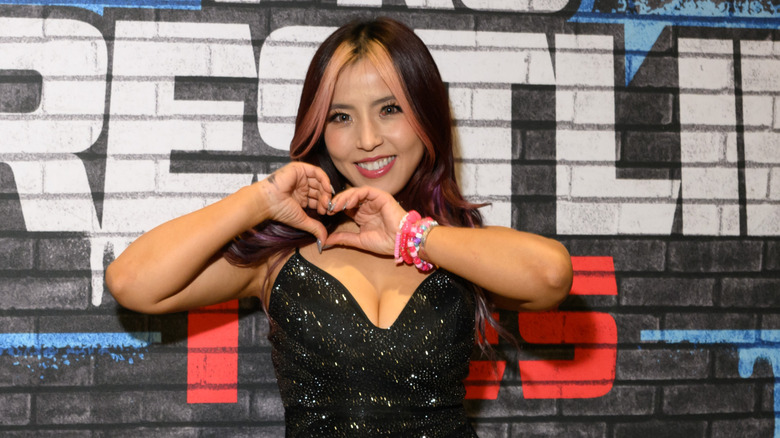 Mina Shirakawa poses in front of a Pro Wrestling Tees logo