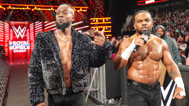 Kofi Kingston and Xavier Woods make their way to the ring during WWE Monday Night RAW at State Farm Arena on January 27, 2025 in Atlanta, Georgia.