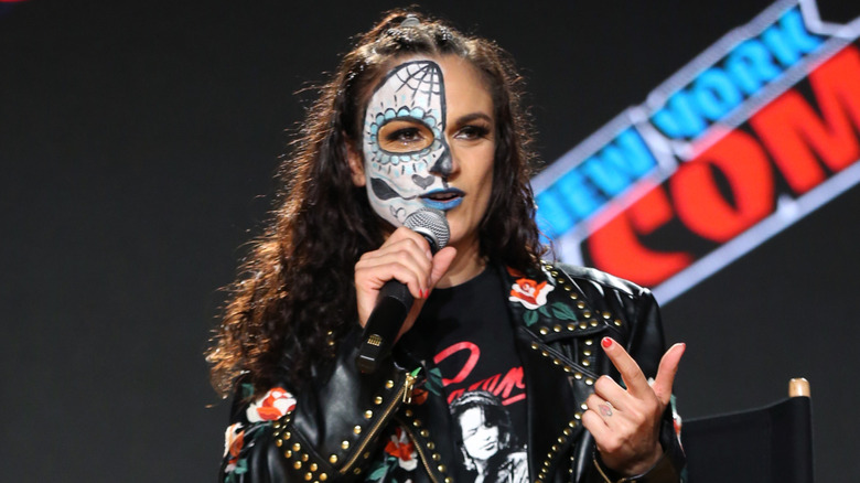 Thunder Rosa speaks on stage during the All Elite Wrestling Invades New York Comic Con panel during Day 3 of New York Comic Con 2021 at Jacob Javits Center on October 09, 2021 in New York City.